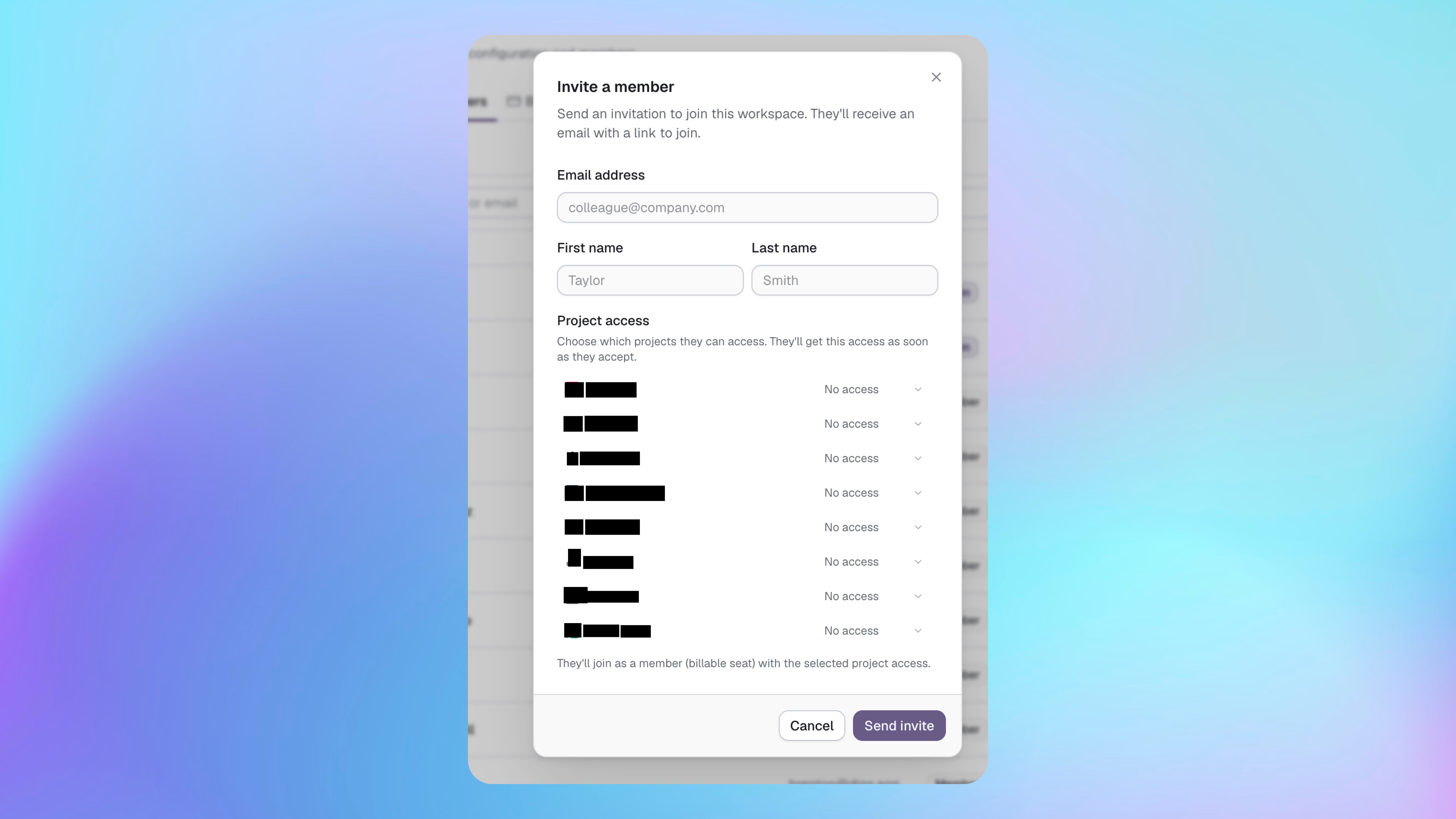 Diálogo para convidar um membro com detalhes de contato e acesso a cada projeto