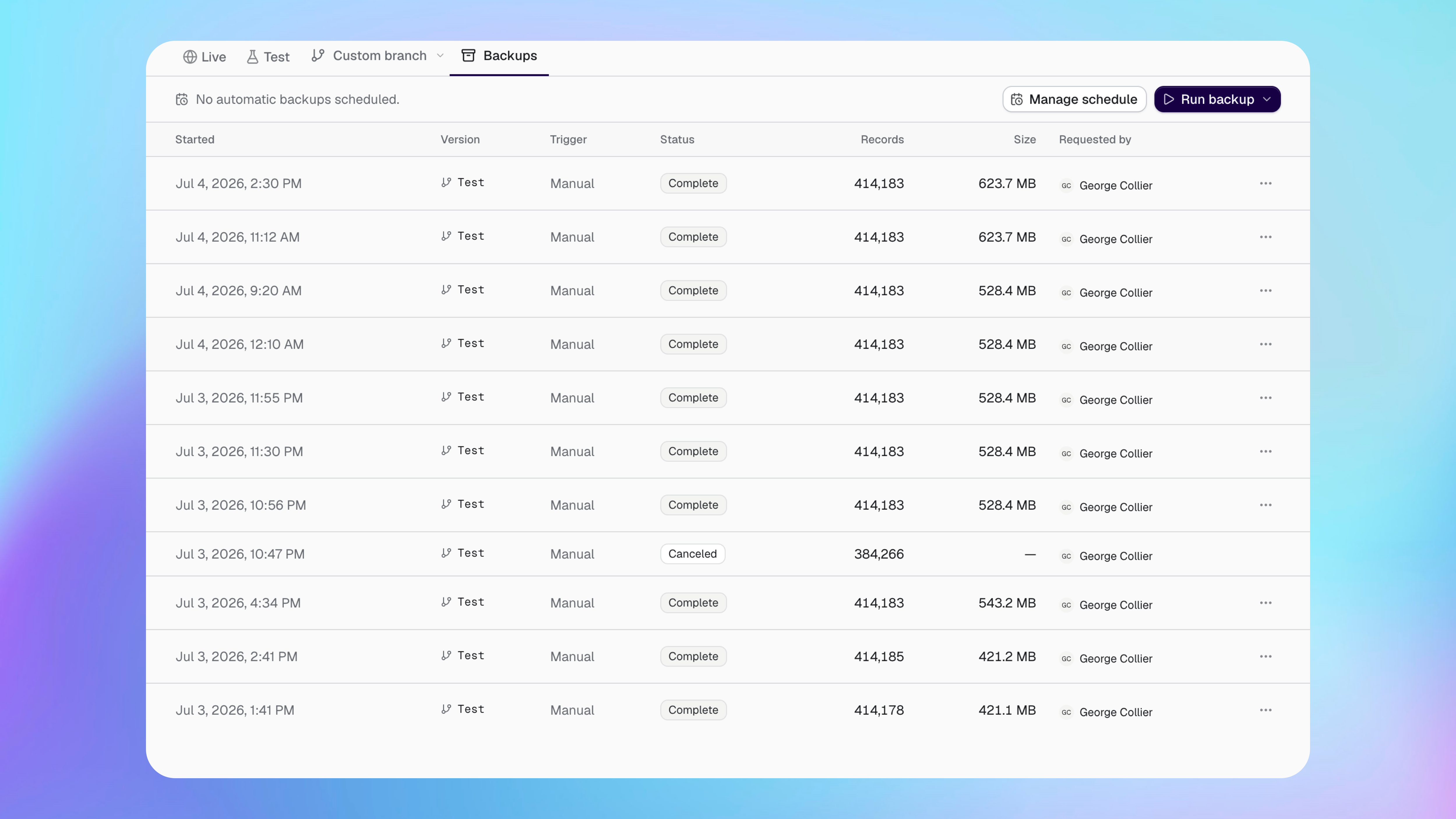 Backups de dados mostrando backups concluídos e cancelados do banco de dados Test