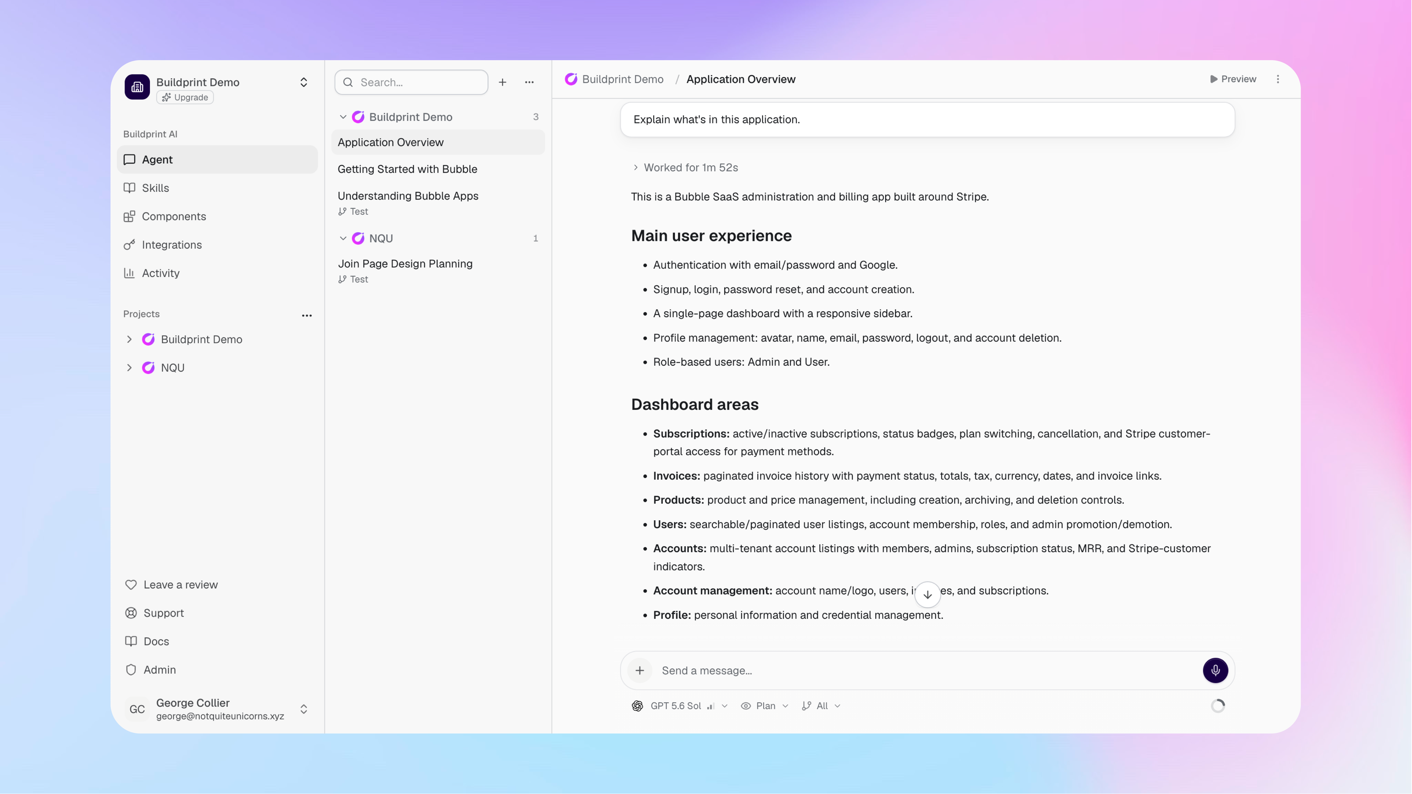 Um app do Bubble conectado e aberto no Agent do Buildprint