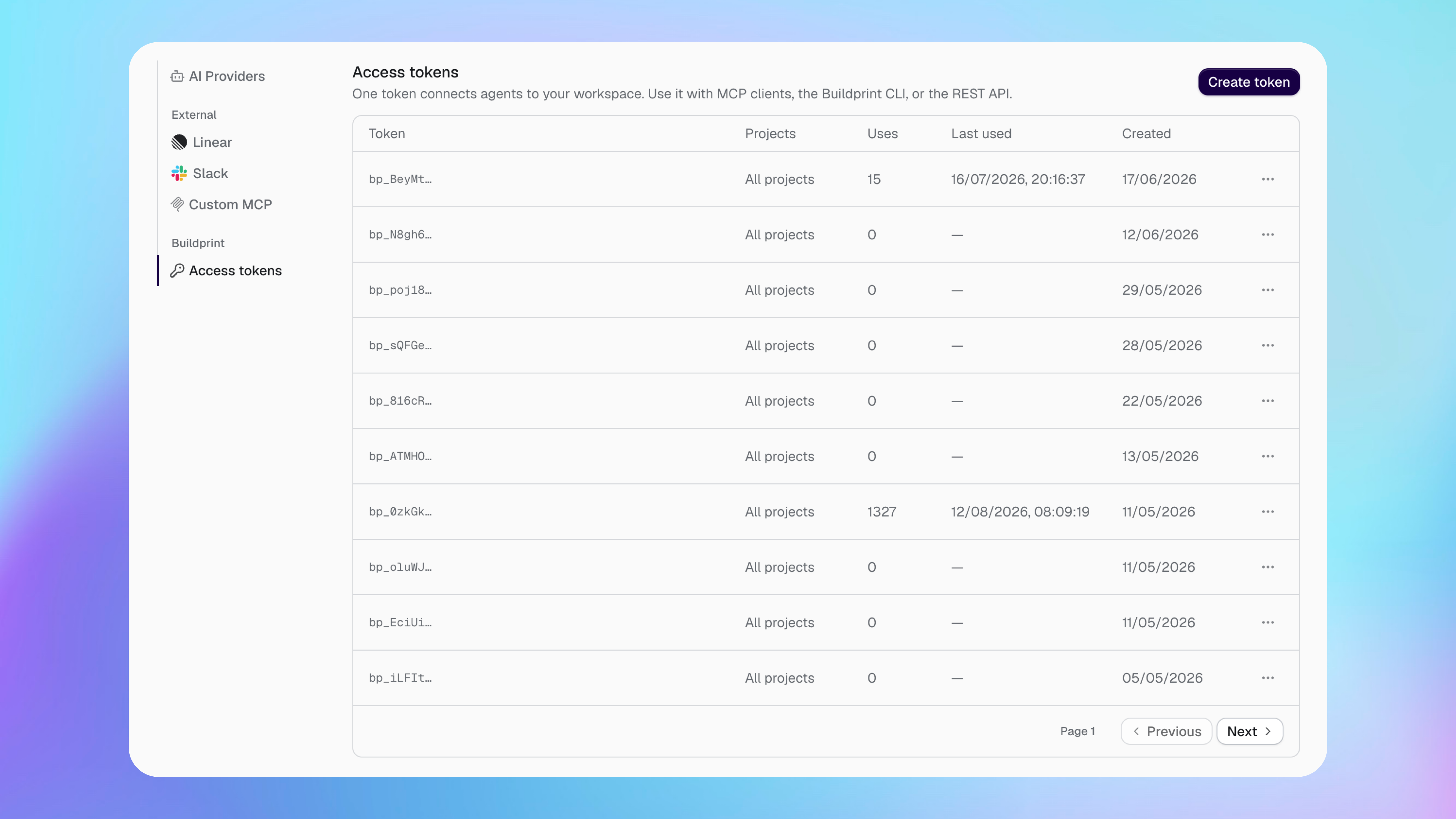 Página de tokens de acesso mostrando o escopo de projetos, a contagem de usos e a data e hora do último uso