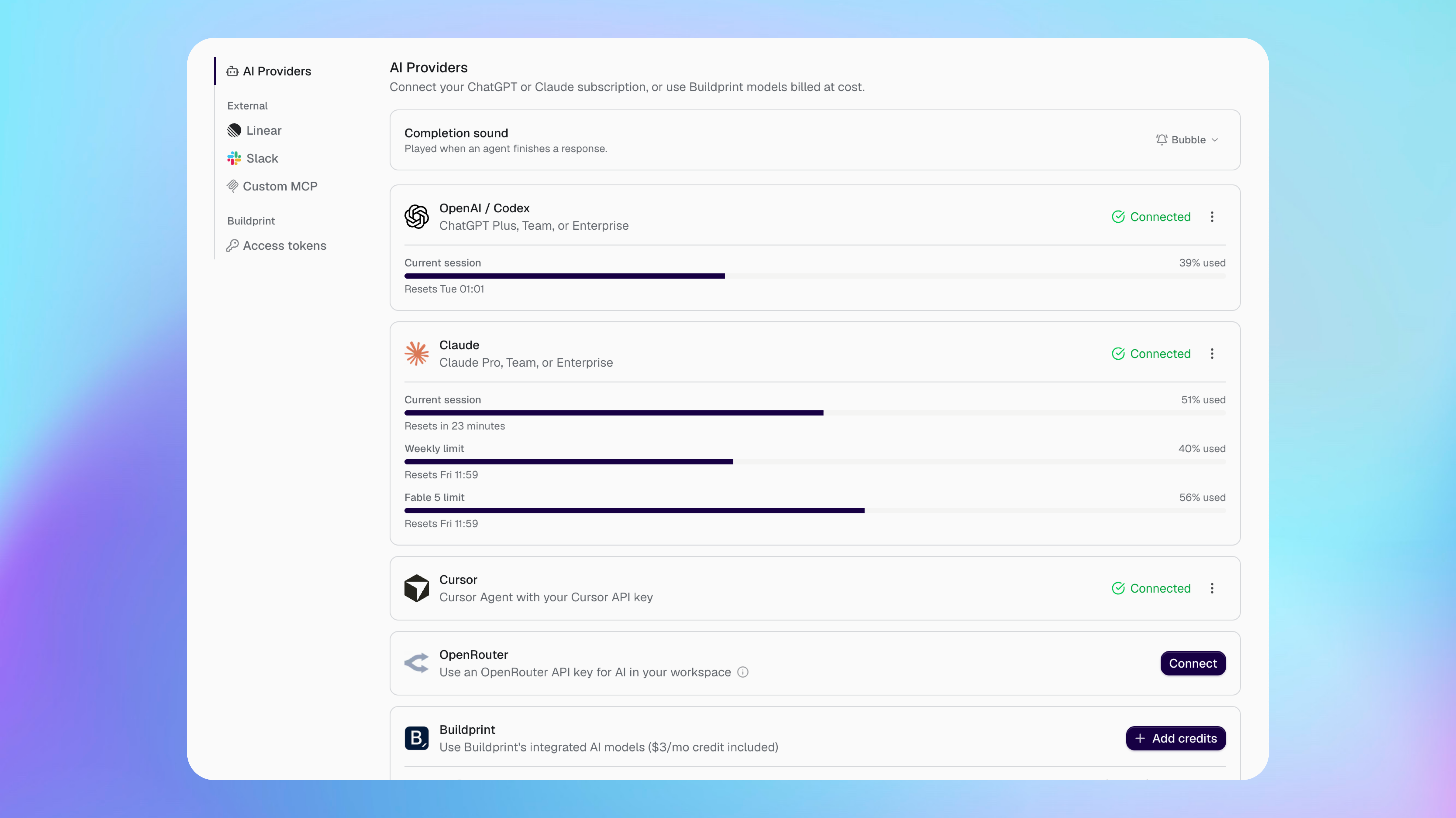 Configurações de Provedores de IA com OpenAI, Claude, Cursor, OpenRouter e Buildprint