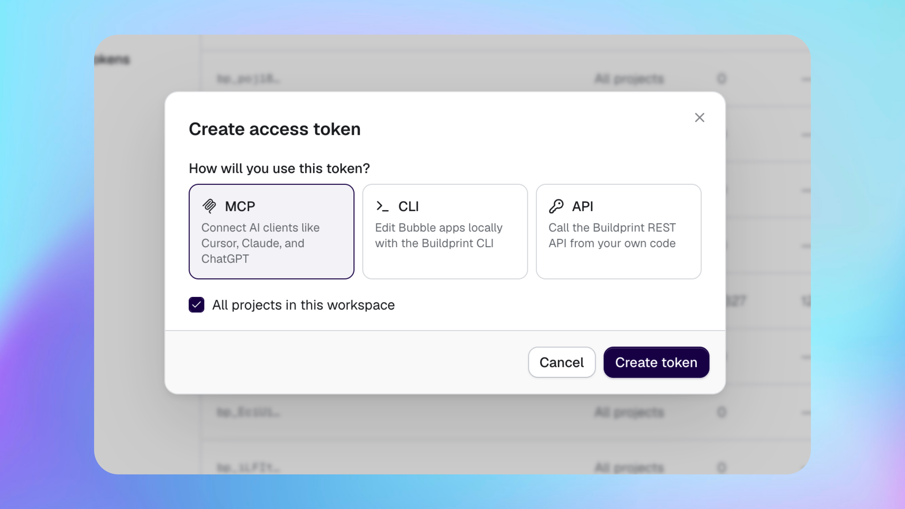 Criação de um token de acesso para MCP, CLI ou API com escopo de projetos do workspace