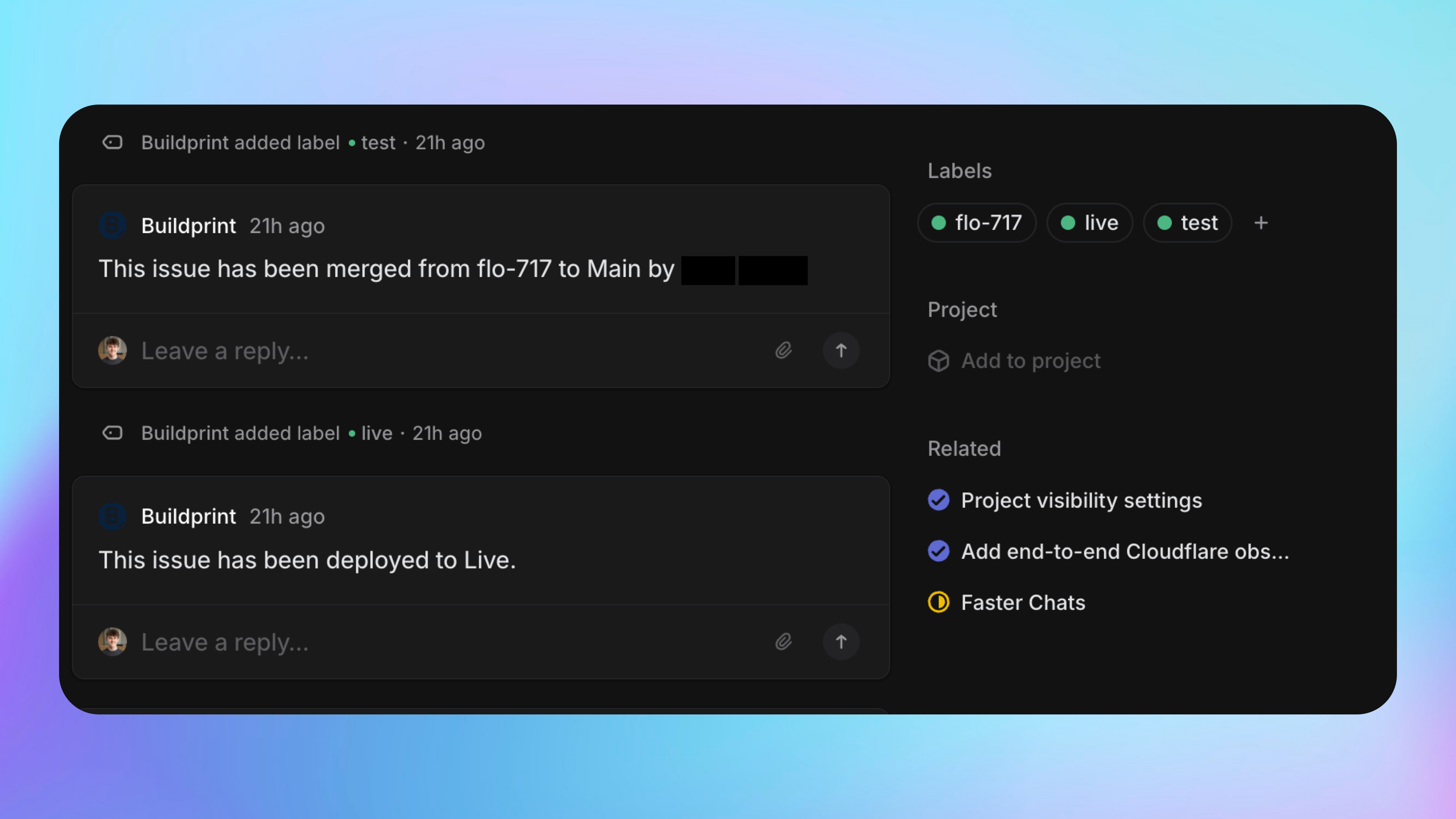 Uma issue do Linear à qual o Buildprint adiciona as labels test e live após merges de branches do Bubble