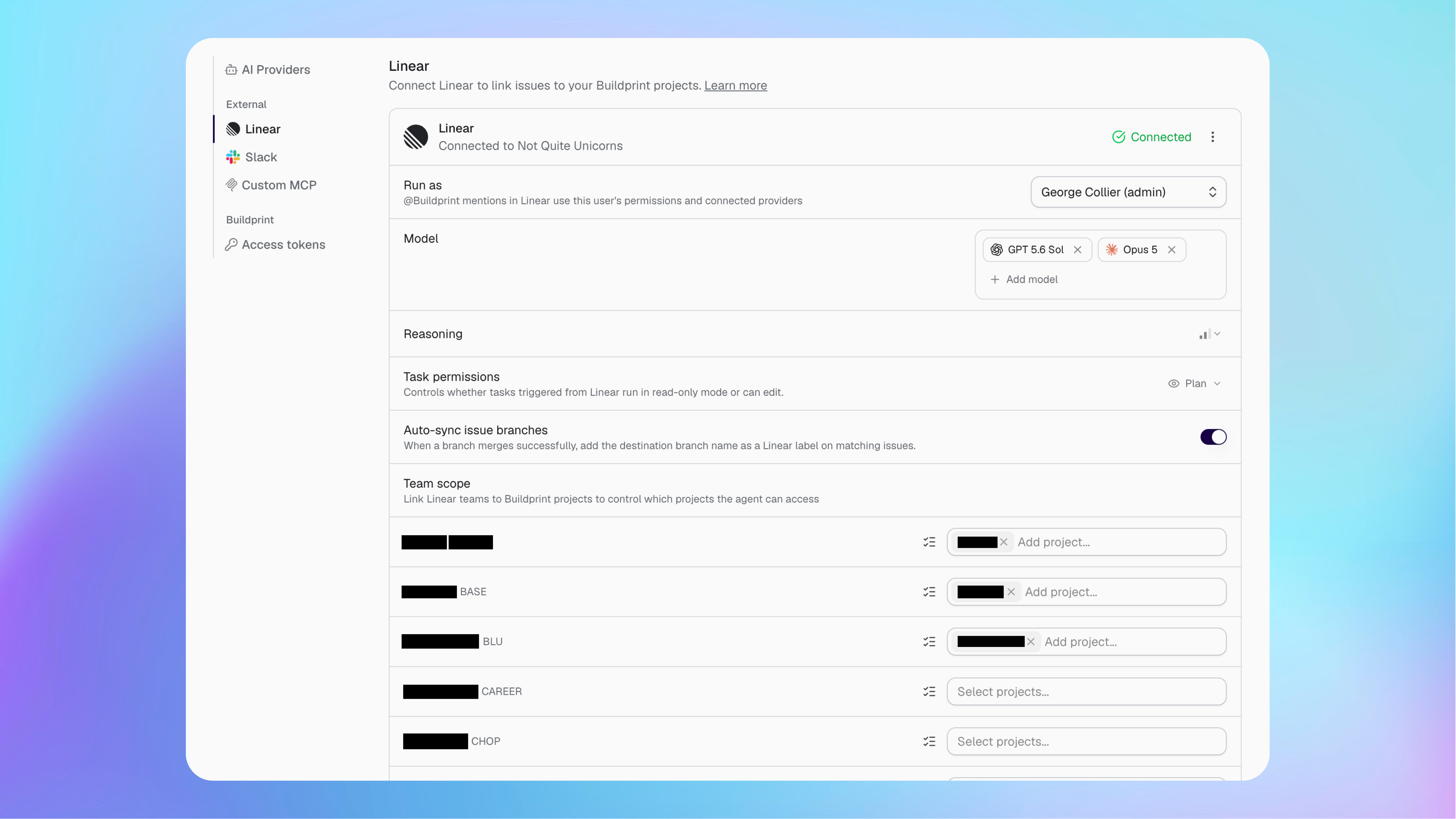 Configurações de integração do Linear com modelos, permissões de tarefas, sincronização de branches e mapeamentos de equipes para projetos