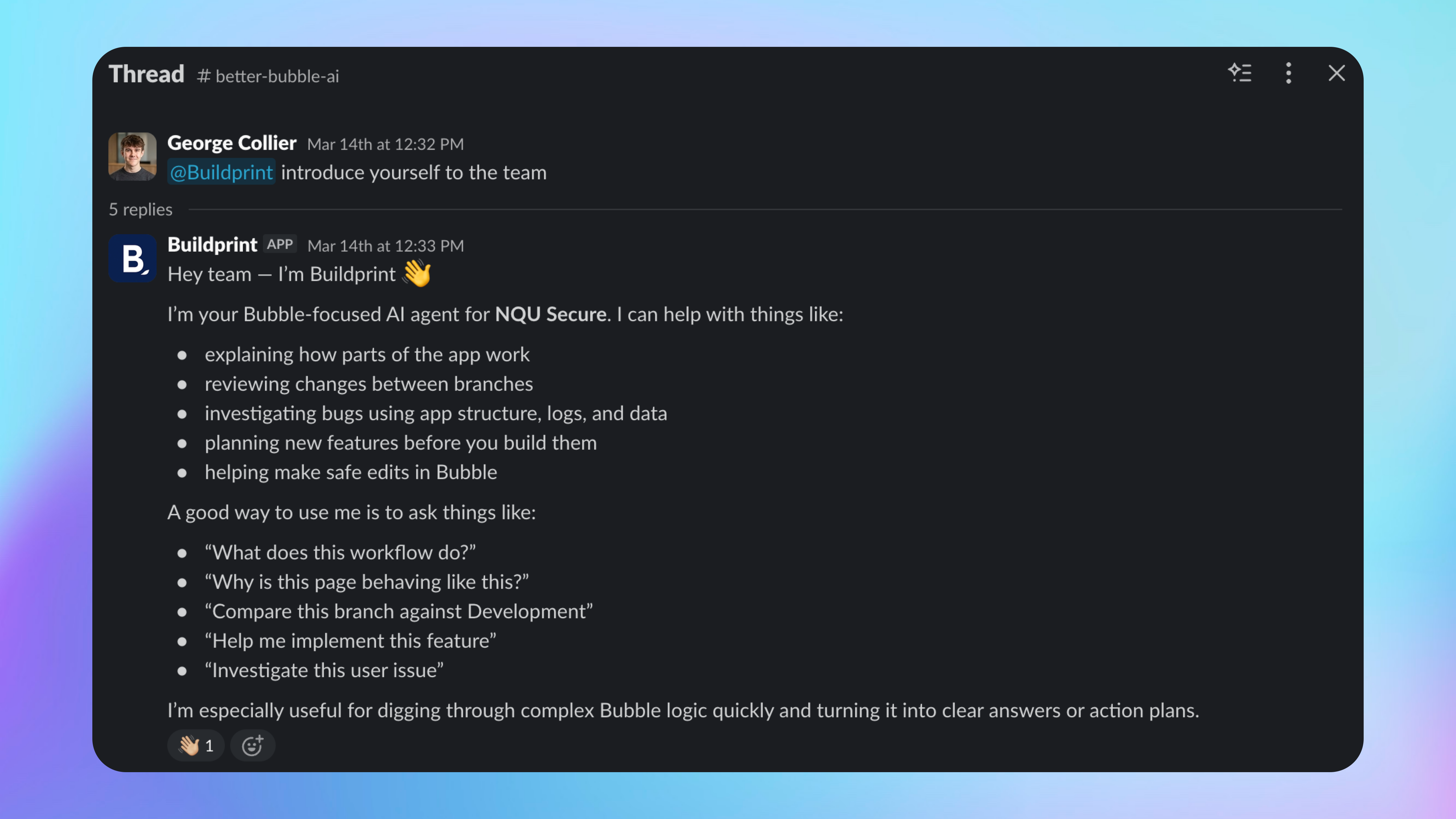 Uma thread do Slack em que o Agente do Buildprint responde a uma solicitação da equipe