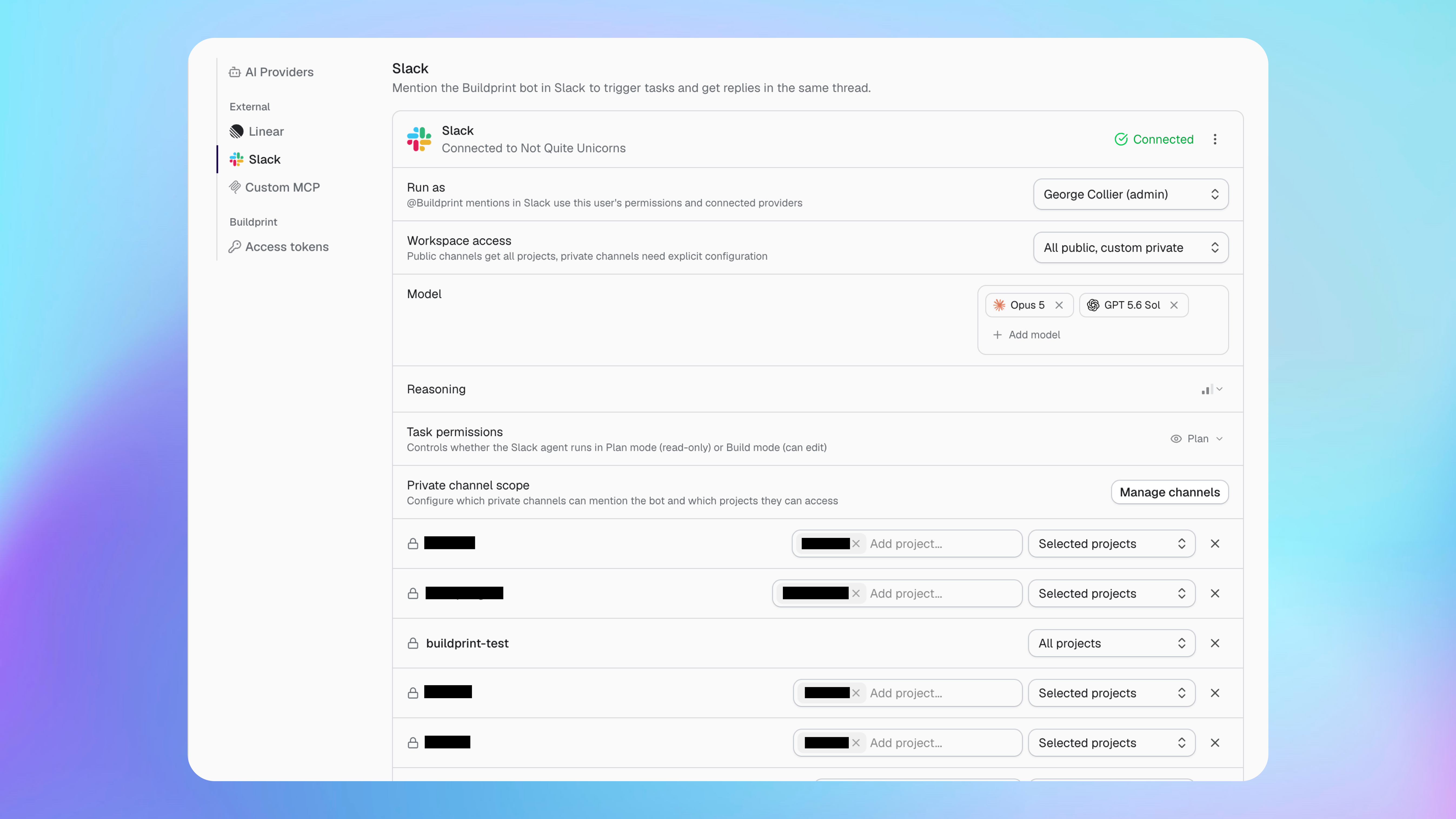 Configurações de integração do Slack com identidade, acesso ao workspace, modelos, permissões e canais privados
