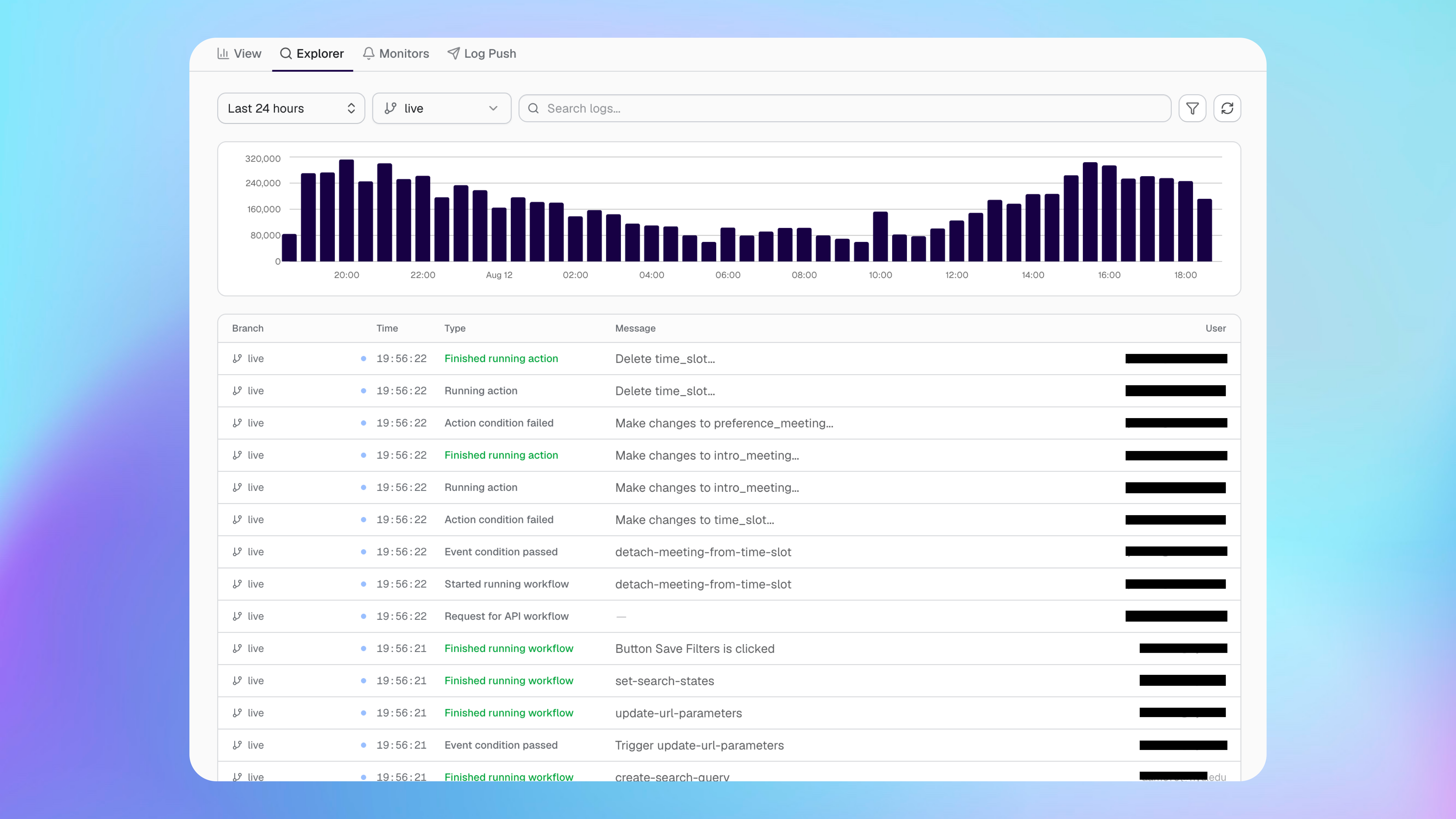 Explorador de logs mostrando um gráfico de volume e resultados de logs do Bubble com dados redigidos
