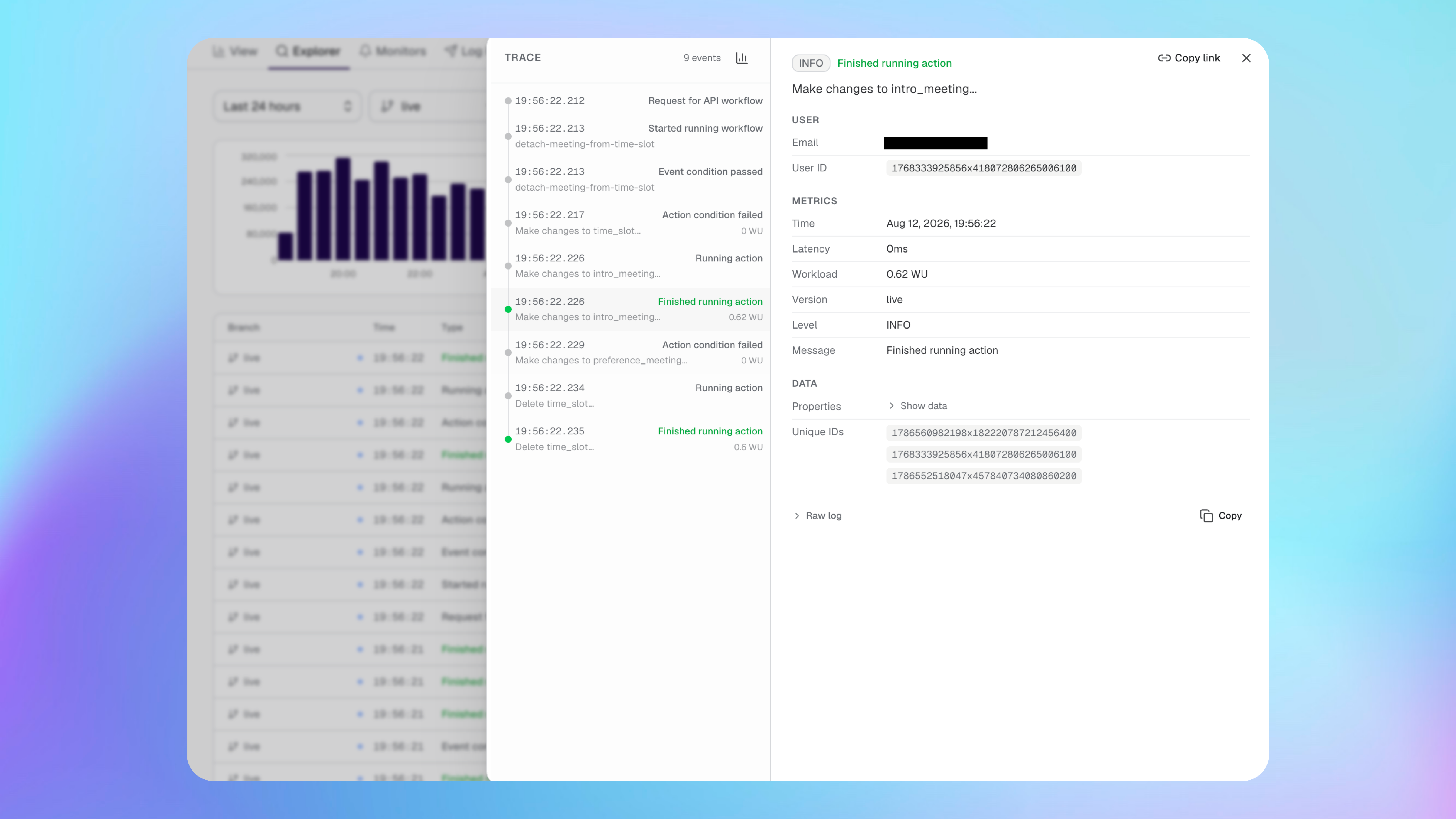 Um evento de log do Bubble com seu rastreamento, usuário, métricas, propriedades e IDs exclusivos