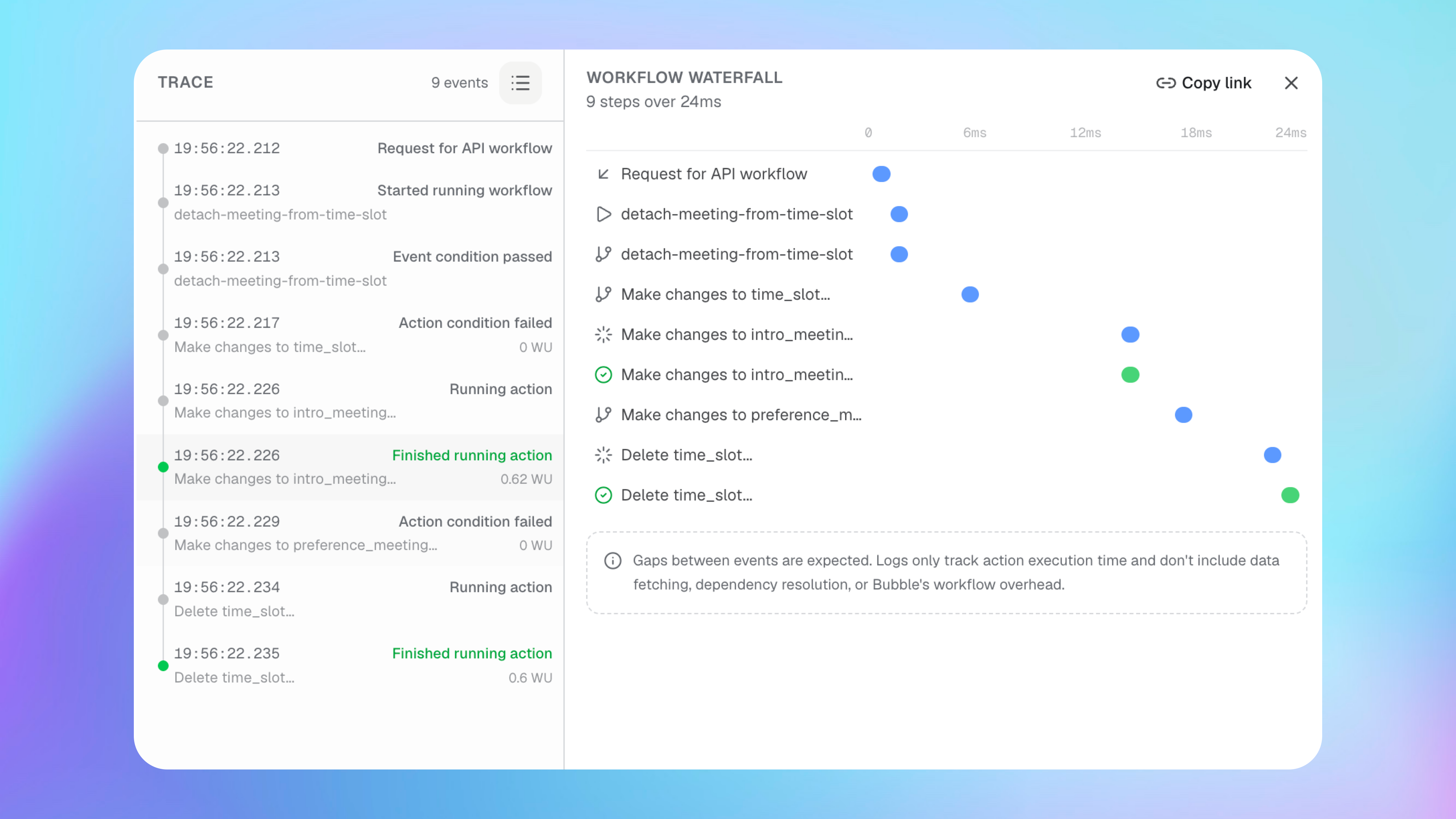 Uma visualização em cascata de um workflow mostrando nove eventos de log relacionados do Bubble ao longo de 24 milissegundos