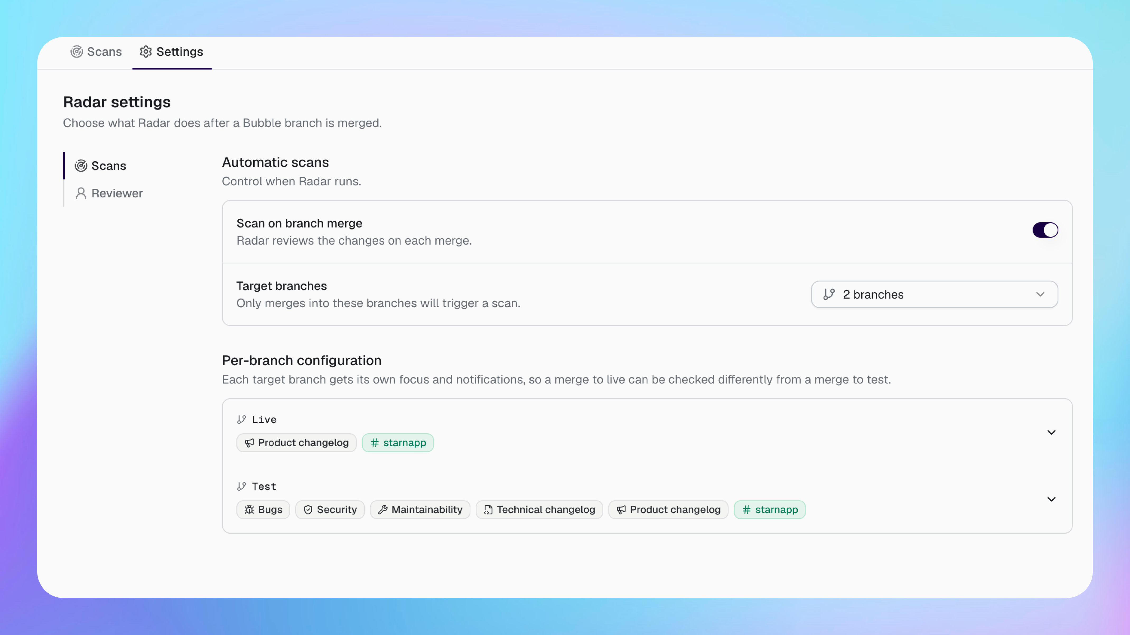 Configurações do Radar com análises automáticas ativadas para as ramificações Live e Test