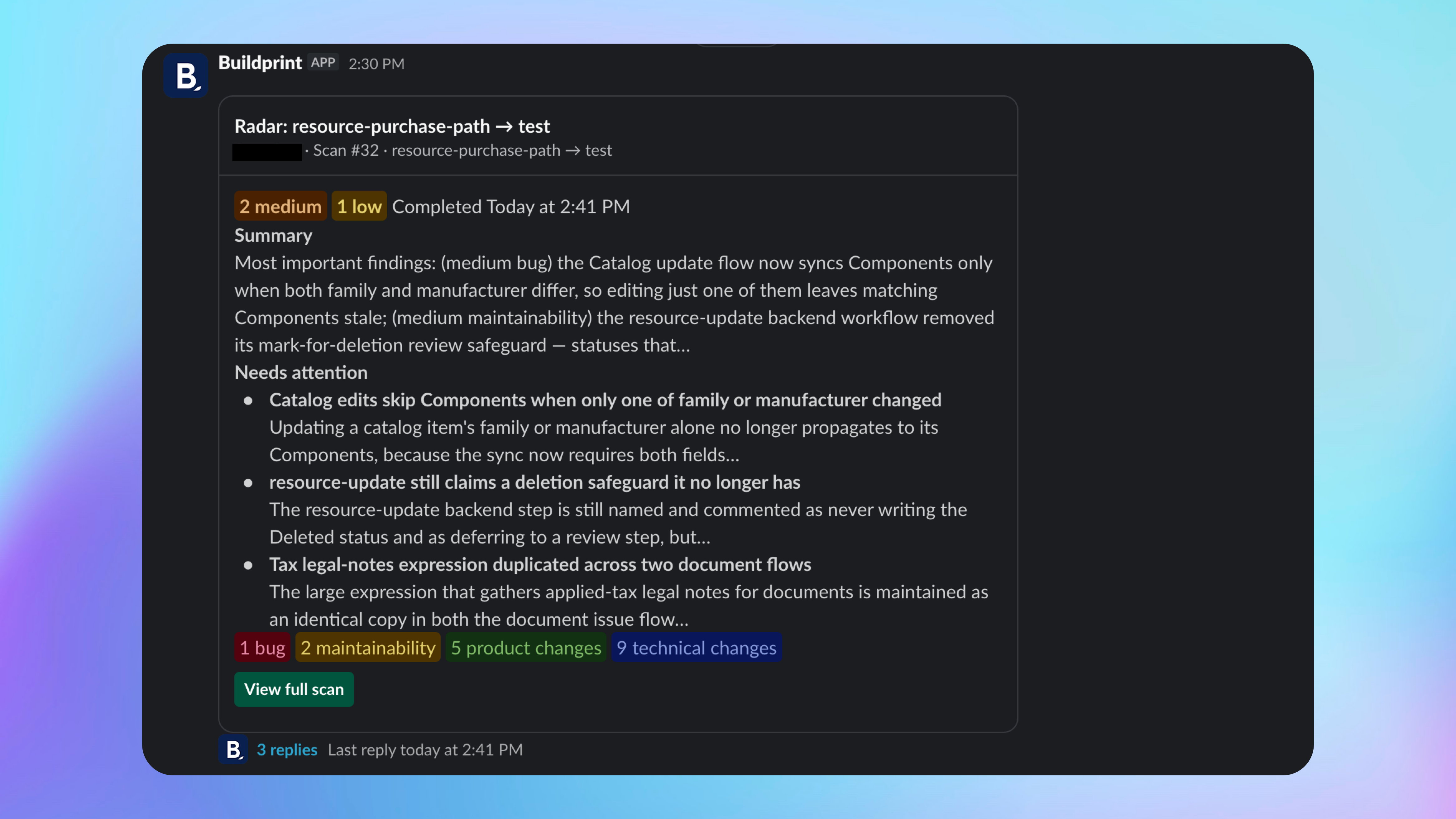 Um resumo de análise do Radar no Slack com prioridades, descobertas e um link para a análise completa