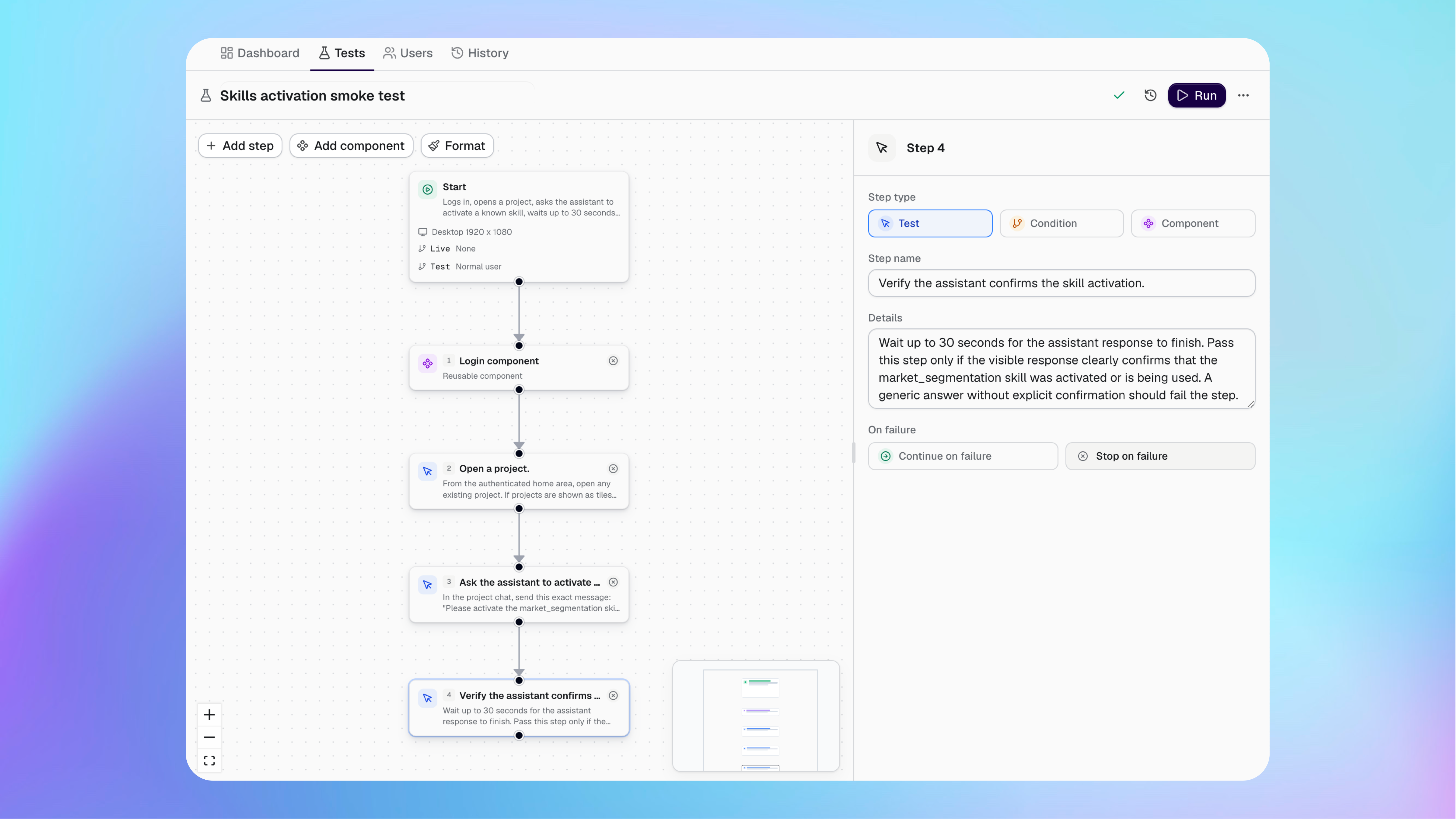 Um teste do Buildprint com etapas conectadas aberto no construtor visual de testes