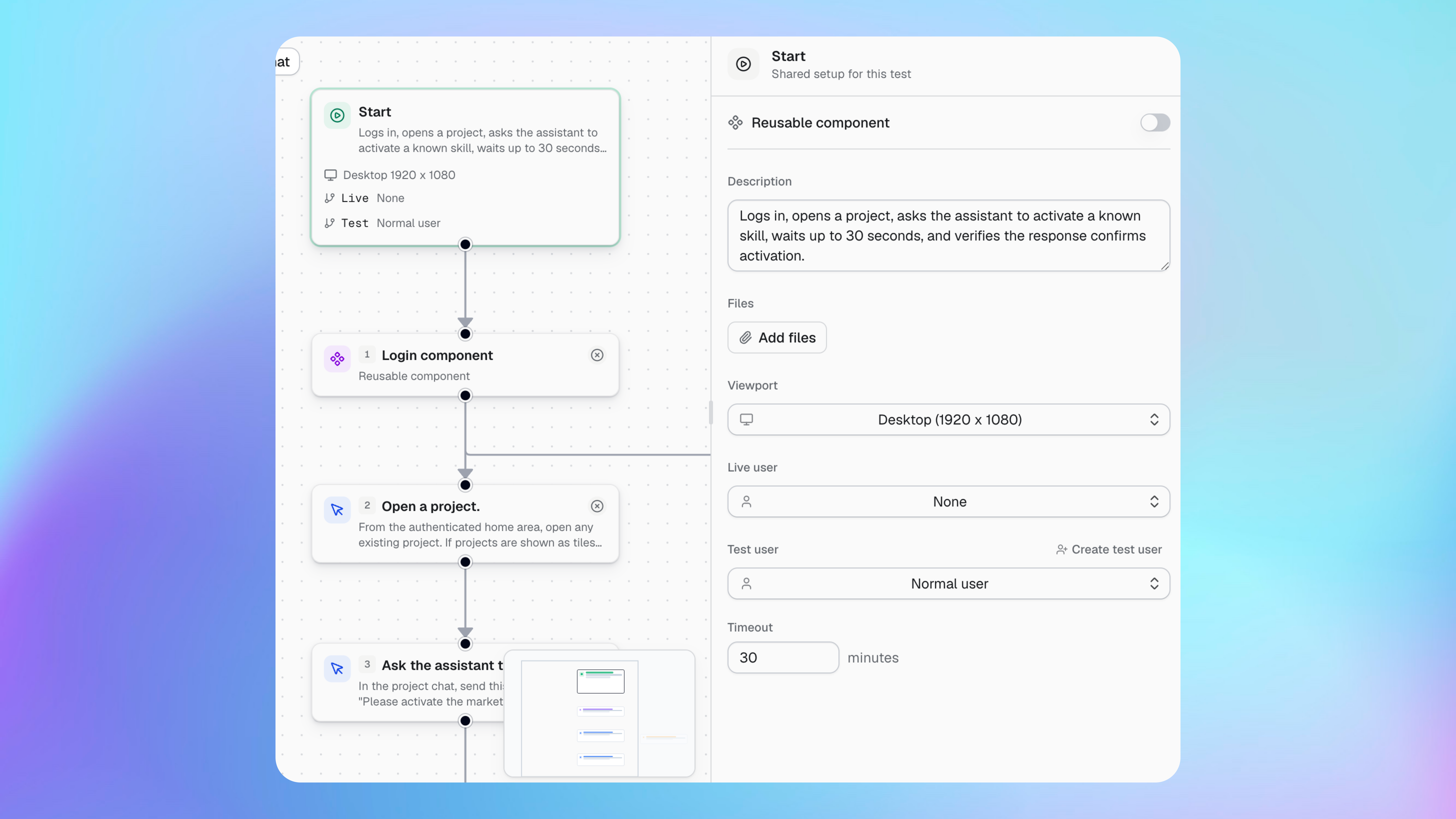 Configurações do nó Início para arquivos, viewport, usuários de teste e tempo limite