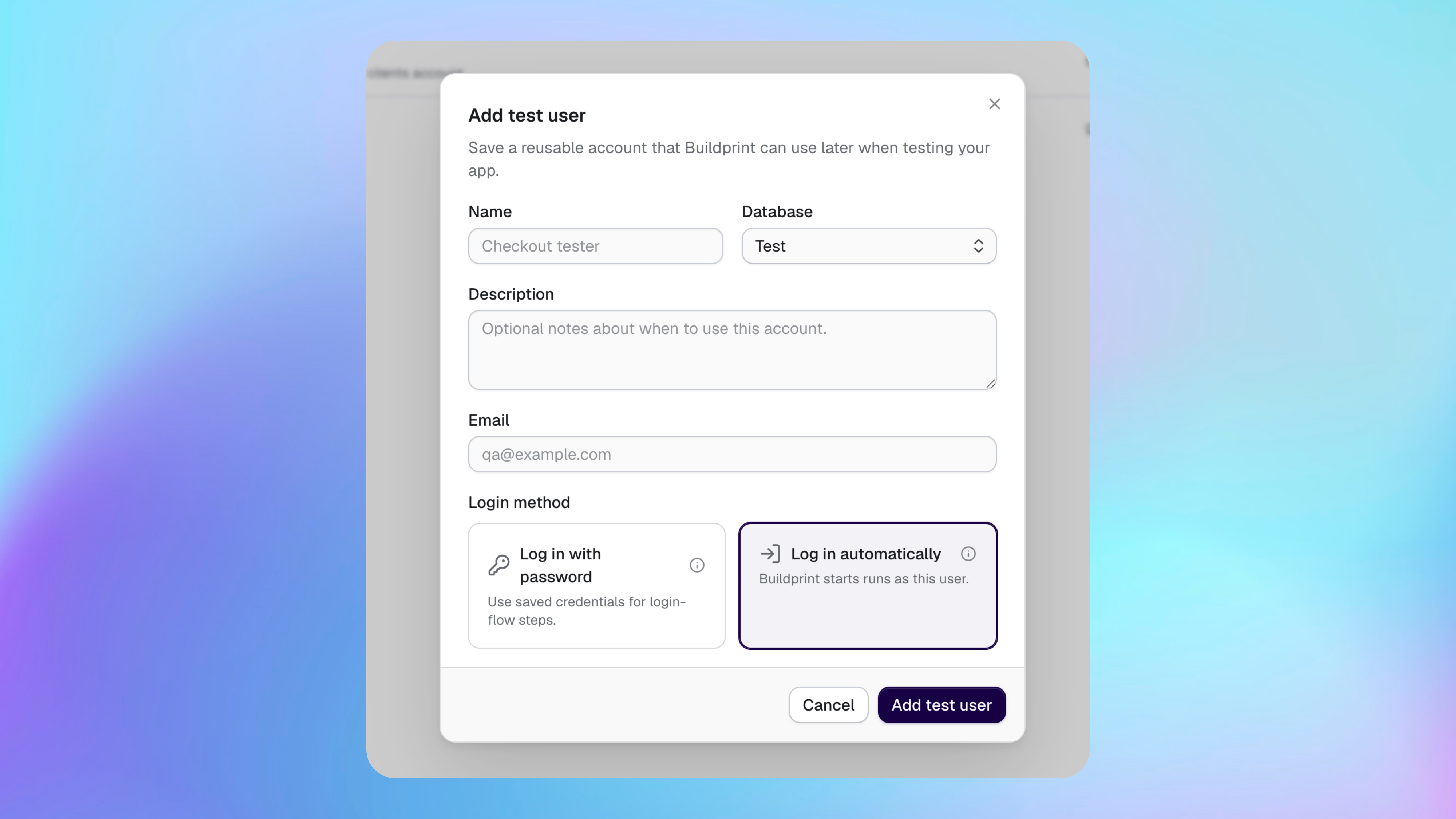 Criando um usuário de teste com login por senha ou automático